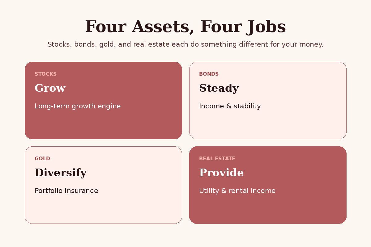 Four-quadrant graphic: stocks grow, bonds steady, gold diversifies, real estate provides