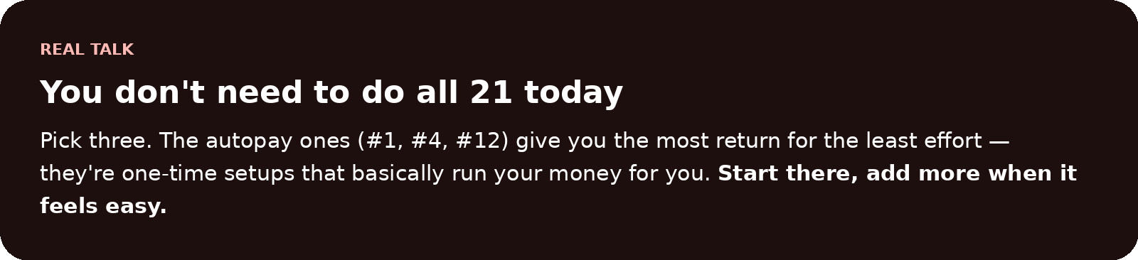 Real talk callout: pick three moves, the autopay ones give the most return for the least effort