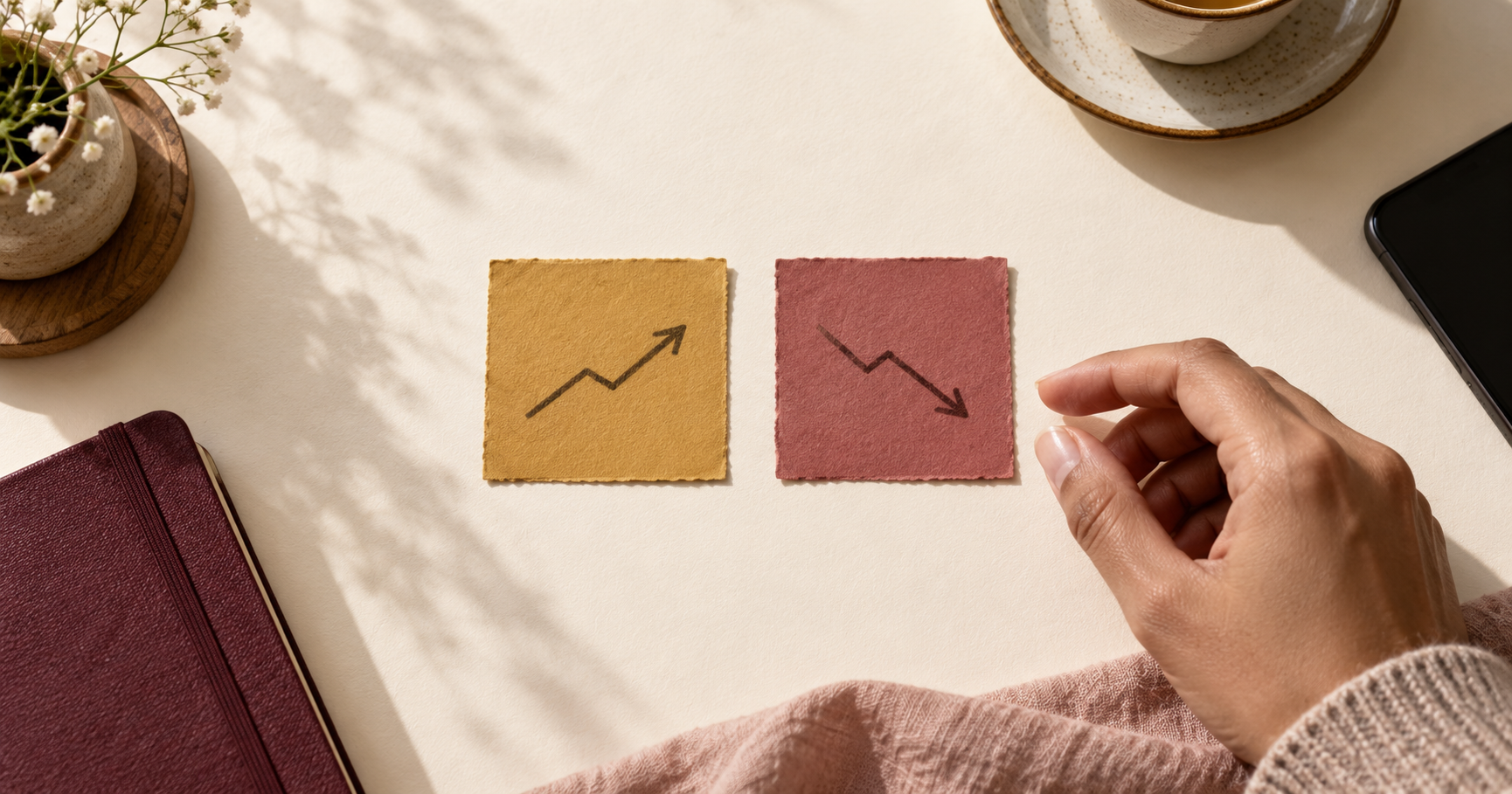 Two equal paper notes show an upward and downward arrow while a hand pauses near the decline